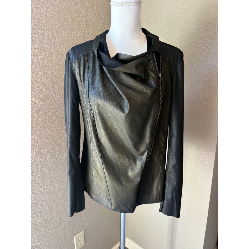 Mote Womens Black‎ Gold Metallic Faux Leather Asymmetrical Zip Moto Jacket Large